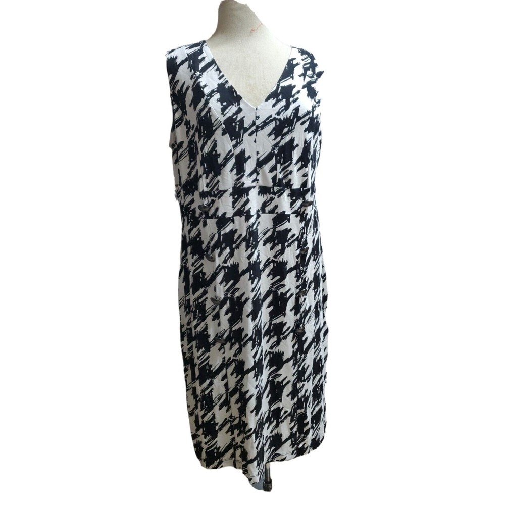 Ashley Stewart Black White Sleeveless Houndstooth Sheath Dress